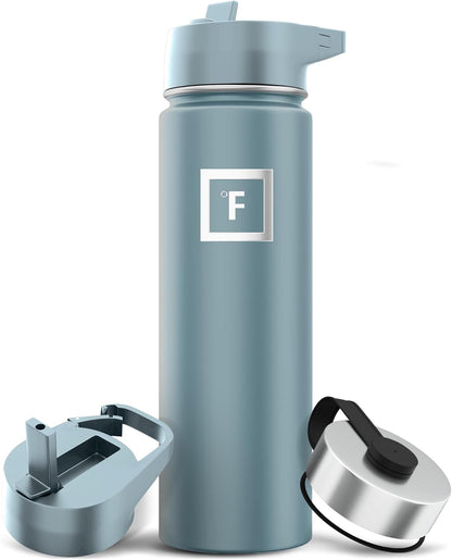 IRON °FLASK Camping & Hiking Hydration Flask with Straw, Wide Mouth Insulated Stainless Steel Sports Water Bottle - Midnight Black 24 oz - Straw (1 Lid)