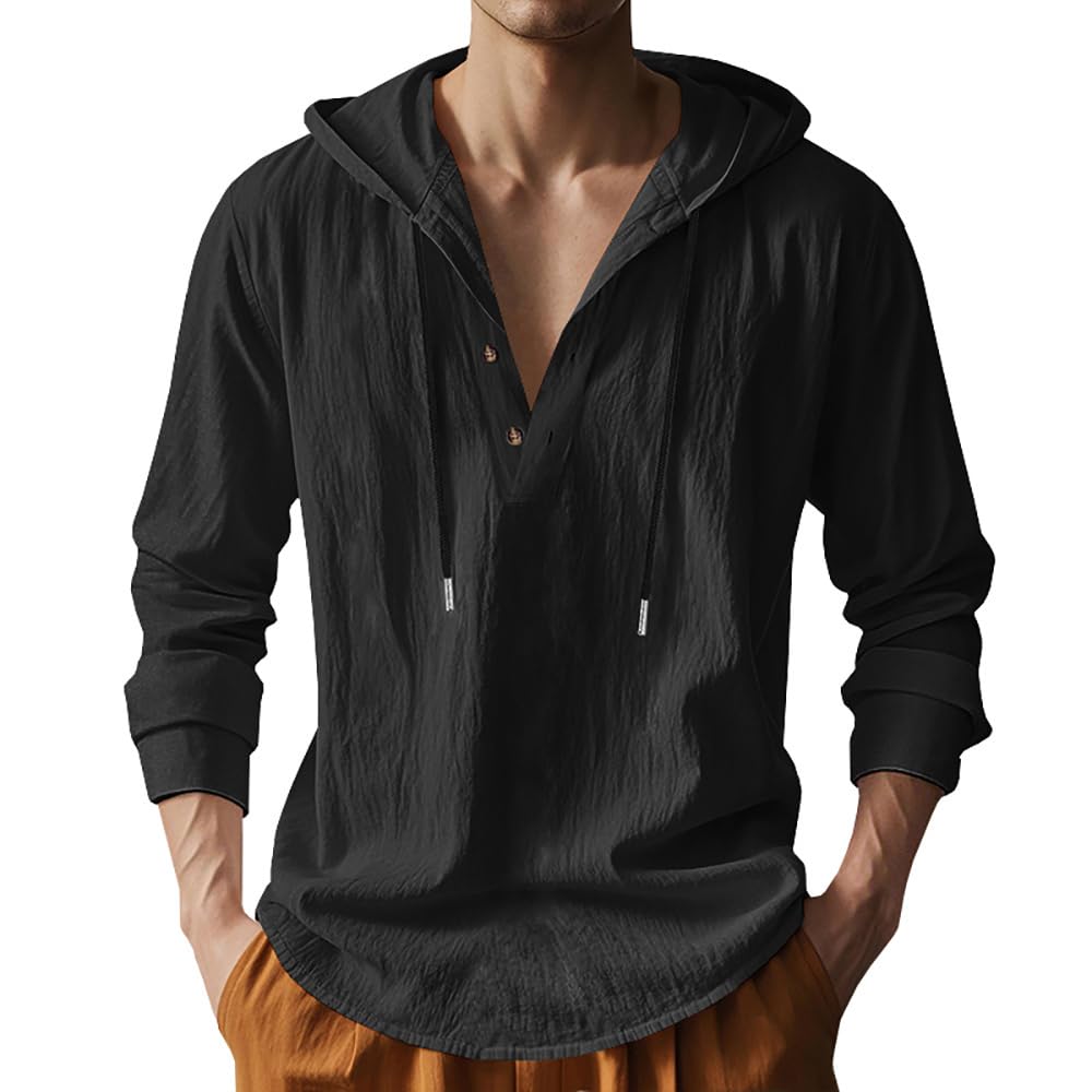 Mens Cotton Linen Hoodies Long Sleeve Button Down Shirts Casual Hawaiian Beach Yoga Sweatshirts