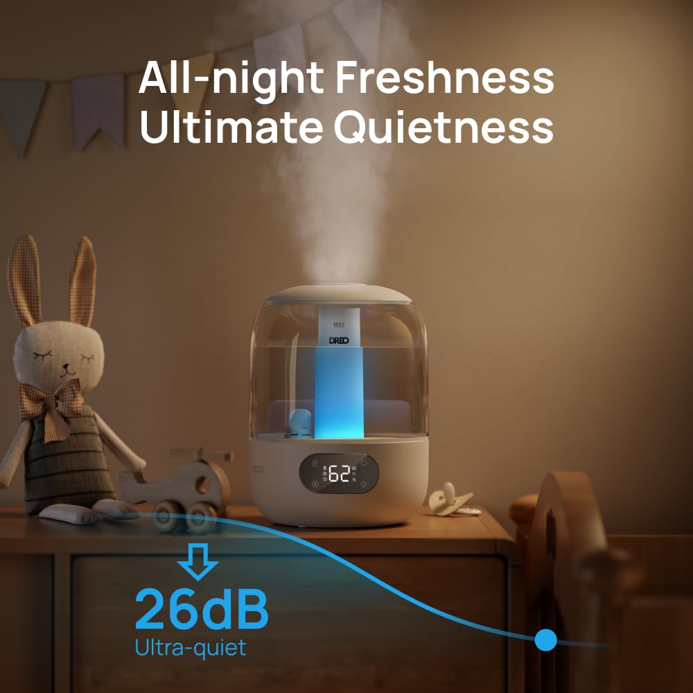 DREO Humidifiers for Bedroom, 3L Top Fill 30H & 26dB Quiet Runtime for Large Room, Cool Mist Ultrasonic Humidifier with Humidity Sensor, Night Light for Home, Baby, Nursery, Plants, 360° Nozzle, Black