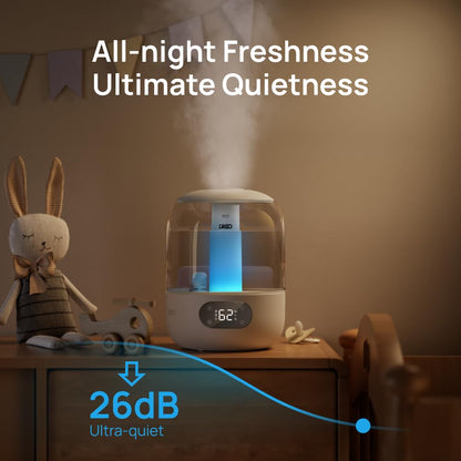 DREO Humidifiers for Bedroom, 3L Top Fill 30H & 26dB Quiet Runtime for Large Room, Cool Mist Ultrasonic Humidifier with Humidity Sensor, Night Light for Home, Baby, Nursery, Plants, 360° Nozzle, Black