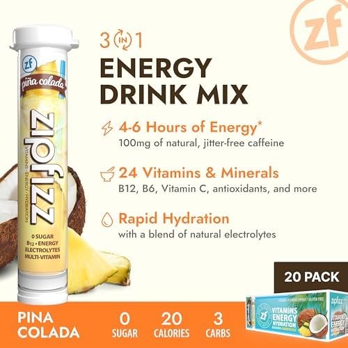 Zipfizz Daily Energy Drink Powder, Blood Orange, 20 Pack | 3-in-1 Sustained Energy, Rapid Hydration, and Essential Vitamins | Sugar-Free | Electrolyte Powder | Contains Vitamin B-12 & Antioxidants