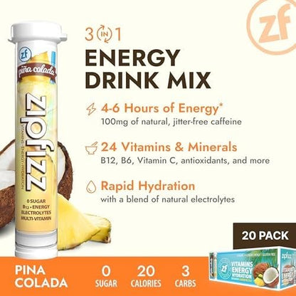 Zipfizz Daily Energy Drink Powder, Blood Orange, 20 Pack | 3-in-1 Sustained Energy, Rapid Hydration, and Essential Vitamins | Sugar-Free | Electrolyte Powder | Contains Vitamin B-12 & Antioxidants