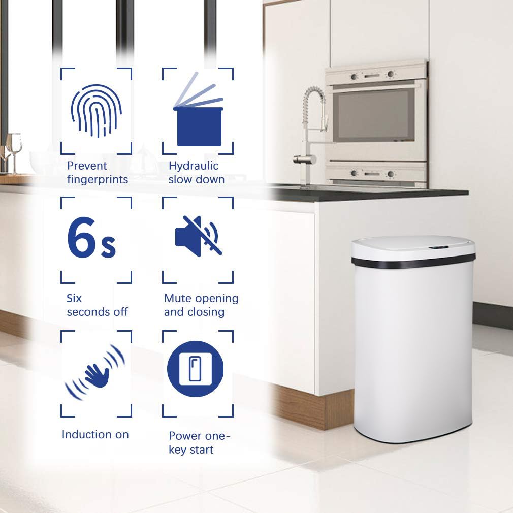 BestOffice | 13 Gallon Trash Can with Lid | Automatic Touchless Garbage Can | Odor Control | Modern Oval Design | Easy to Clean | Stainless Steel | Fits Any Kitchen, Bathroom, Office or Home
