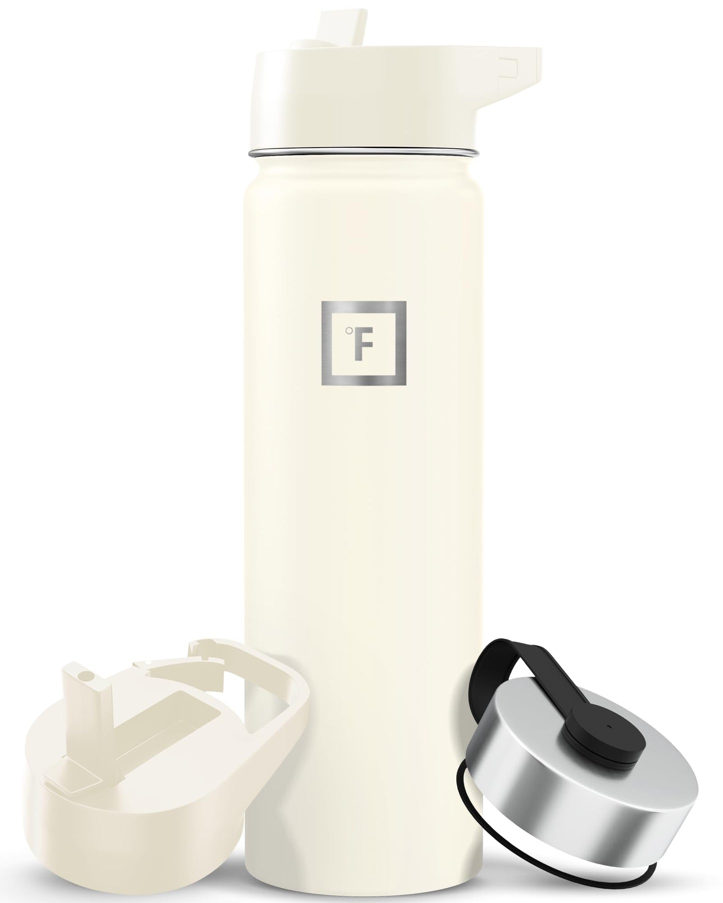 IRON °FLASK Camping & Hiking Hydration Flask with Straw, Wide Mouth Insulated Stainless Steel Sports Water Bottle - Midnight Black 24 oz - Straw (1 Lid)