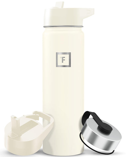 IRON °FLASK Camping & Hiking Hydration Flask with Straw, Wide Mouth Insulated Stainless Steel Sports Water Bottle - Midnight Black 24 oz - Straw (1 Lid)