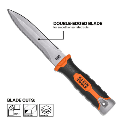 KLEIN TOOLS DK16 Double-Edged Duct Knife, Serrated Stainless Steel Blade, Designed for Duct Board and Insulation, Fixed Blade Knife with Sheath, 5-1/2-Inch