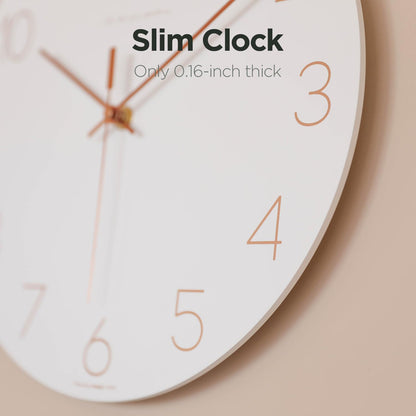 mooas Wooden Frame Flatwood Wall Clock,12" Non-Ticking Sweep Movement Decorative Battery Operated Wall Clock for Home Living Room Kitchen Bedroom Office School (Dark Brown)