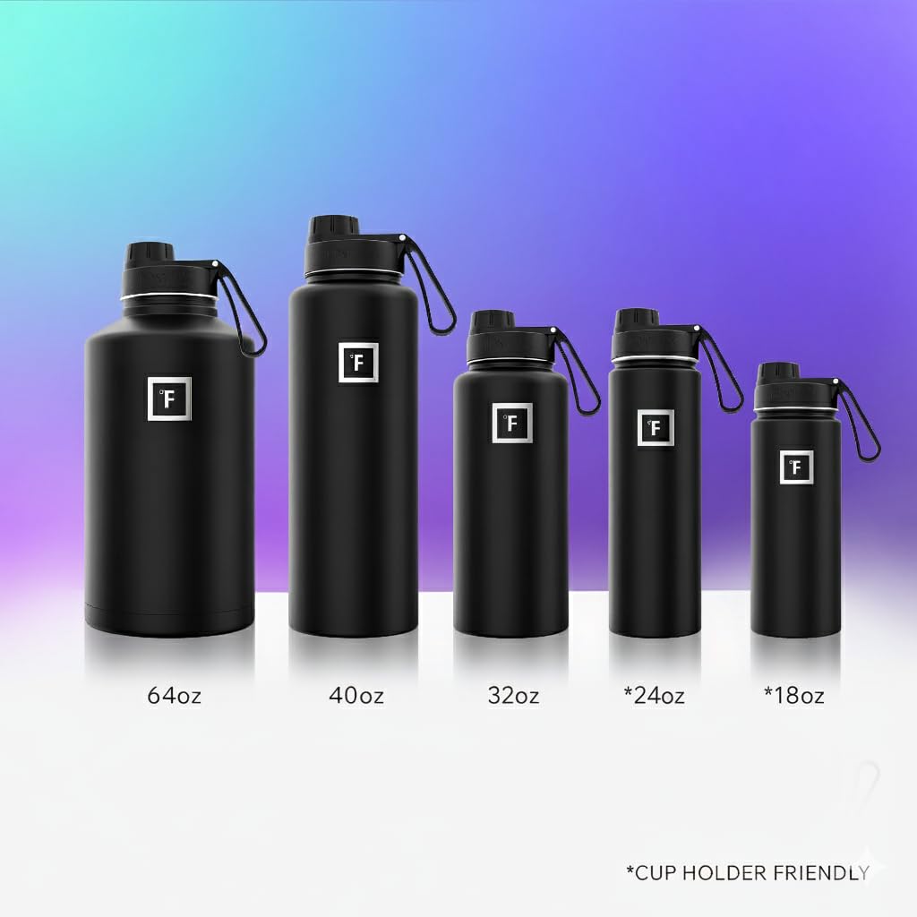 IRON °FLASK Camping & Hiking Hydration Flask with Straw, Wide Mouth Insulated Stainless Steel Sports Water Bottle - Midnight Black 24 oz - Straw (1 Lid)