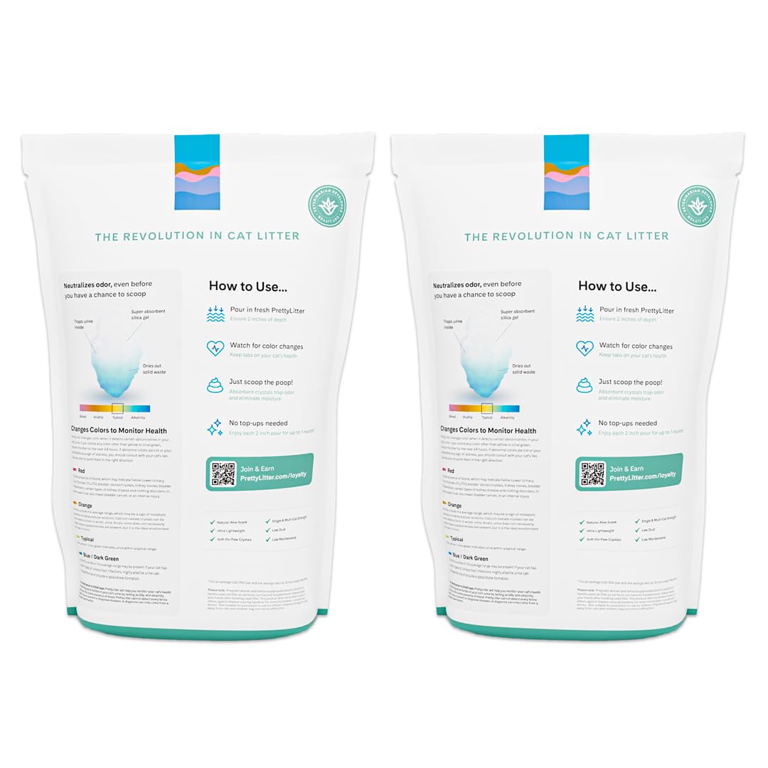PrettyLitter Health Monitoring Cat Litter (Unscented, Non Clumping) | Lightweight & Low Tracking, Color Changing Silica Gel Crystals, Advanced Odor Control — 6 Lbs, Pack of 2 (Up to 2 Month Supply)