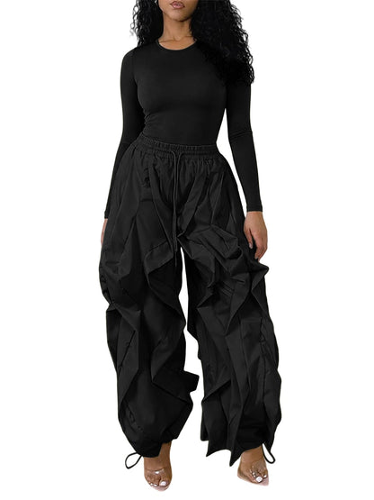 knowfashionstyle Women 2 Piece Outfits Cargo Parachute Pants Set Long Sleeve Top Baggy Y2K Balloon Pant Going Out Night Club