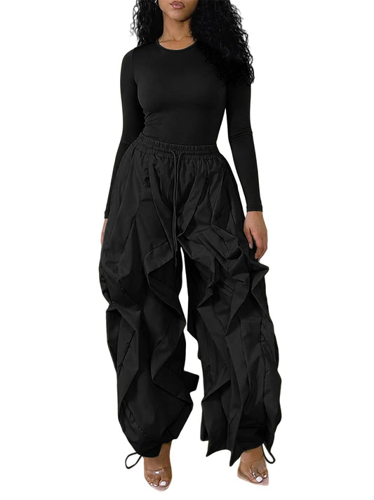 knowfashionstyle Women 2 Piece Outfits Cargo Parachute Pants Set Long Sleeve Top Baggy Y2K Balloon Pant Going Out Night Club