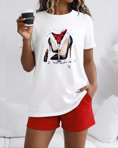 CHICME Pajamas Set for Women 2 Piece Pjs Lounge Set Soft Short Sleeve Tops and Sleep Shorts with Pocket