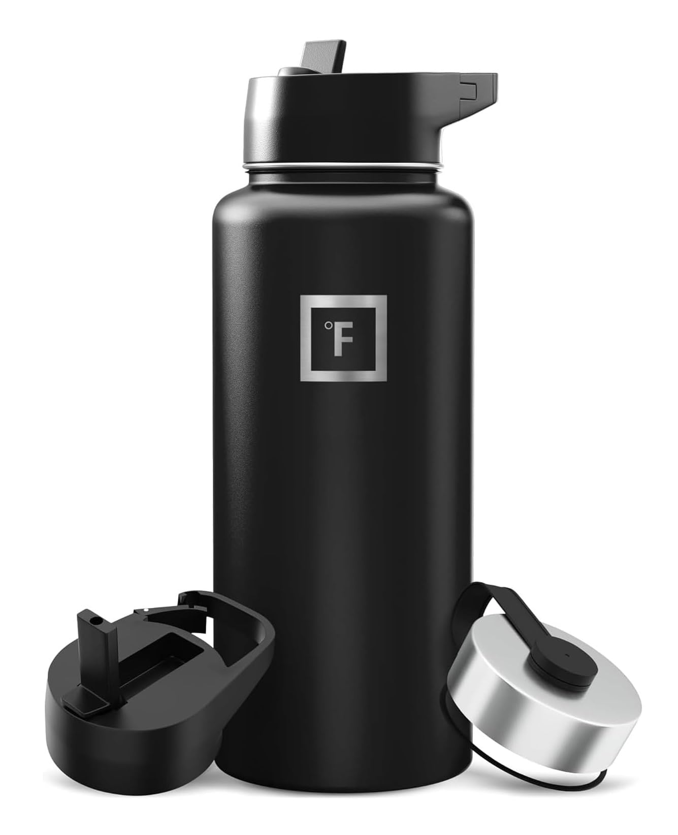 IRON °FLASK Camping & Hiking Hydration Flask with Straw, Wide Mouth Insulated Stainless Steel Sports Water Bottle - Midnight Black 24 oz - Straw (1 Lid)