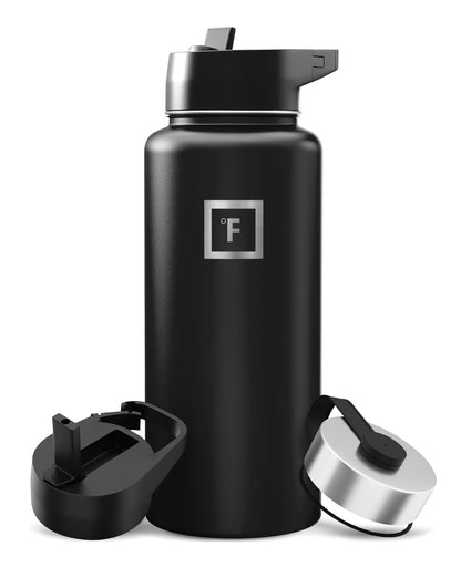 IRON °FLASK Camping & Hiking Hydration Flask with Straw, Wide Mouth Insulated Stainless Steel Sports Water Bottle - Midnight Black 24 oz - Straw (1 Lid)