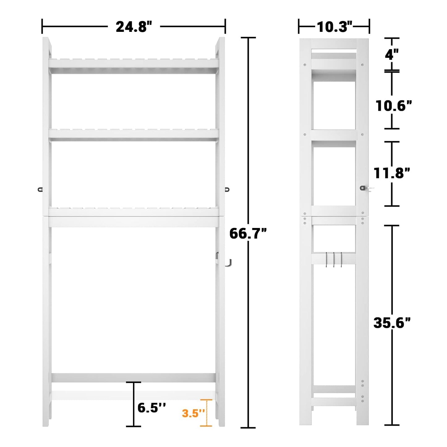 Homykic Over The Toilet Storage, Bamboo Over Toilet Bathroom Organizer Rack, Freestanding Bathroom Shelves Above Toilet Storage with 3 Hooks, Bathroom Space Saver, No Rust, Easy to Assemble, White