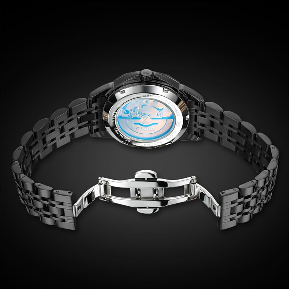 OLEVS Skeleton Men Watches Automatic Business Luxury Diamond Self Winding Watch for Men Stainless Steel Calendar Wrist Watch