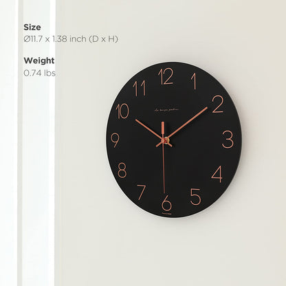 mooas Wooden Frame Flatwood Wall Clock,12" Non-Ticking Sweep Movement Decorative Battery Operated Wall Clock for Home Living Room Kitchen Bedroom Office School (Dark Brown)