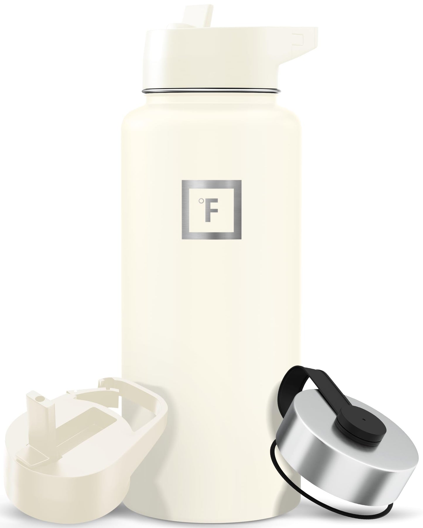 IRON °FLASK Camping & Hiking Hydration Flask with Straw, Wide Mouth Insulated Stainless Steel Sports Water Bottle - Midnight Black 24 oz - Straw (1 Lid)