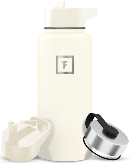 IRON °FLASK Camping & Hiking Hydration Flask with Straw, Wide Mouth Insulated Stainless Steel Sports Water Bottle - Midnight Black 24 oz - Straw (1 Lid)
