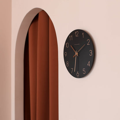 mooas Wooden Frame Flatwood Wall Clock,12" Non-Ticking Sweep Movement Decorative Battery Operated Wall Clock for Home Living Room Kitchen Bedroom Office School (Dark Brown)