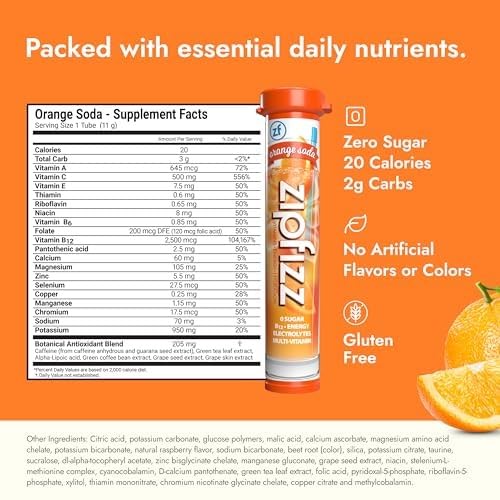 Zipfizz Daily Energy Drink Powder, Blood Orange, 20 Pack | 3-in-1 Sustained Energy, Rapid Hydration, and Essential Vitamins | Sugar-Free | Electrolyte Powder | Contains Vitamin B-12 & Antioxidants