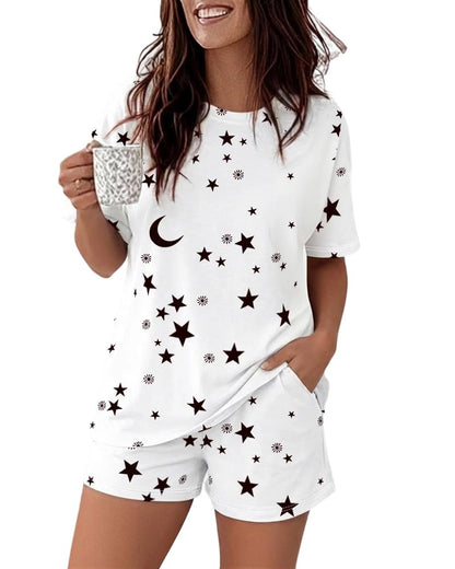 CHICME Pajamas Set for Women 2 Piece Pjs Lounge Set Soft Short Sleeve Tops and Sleep Shorts with Pocket