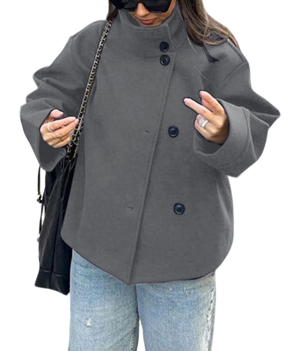 CHARTOU Women Crop Pea Coat Wool Blend Winter Loose Casual Short Jacket Outwear