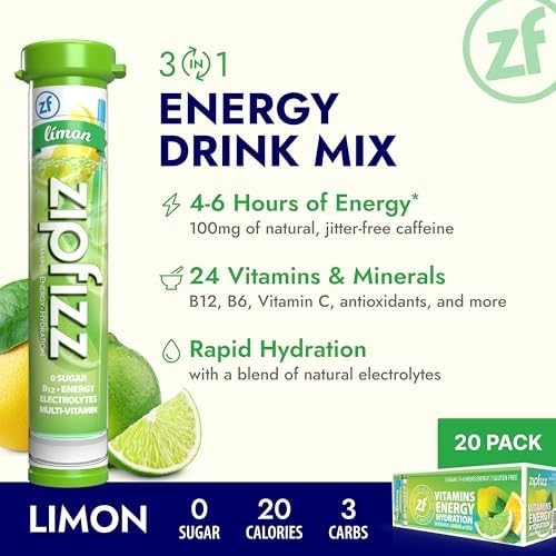 Zipfizz Daily Energy Drink Powder, Blood Orange, 20 Pack | 3-in-1 Sustained Energy, Rapid Hydration, and Essential Vitamins | Sugar-Free | Electrolyte Powder | Contains Vitamin B-12 & Antioxidants