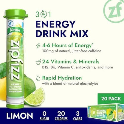 Zipfizz Daily Energy Drink Powder, Blood Orange, 20 Pack | 3-in-1 Sustained Energy, Rapid Hydration, and Essential Vitamins | Sugar-Free | Electrolyte Powder | Contains Vitamin B-12 & Antioxidants