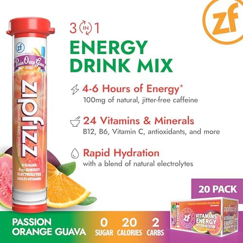 Zipfizz Daily Energy Drink Powder, Blood Orange, 20 Pack | 3-in-1 Sustained Energy, Rapid Hydration, and Essential Vitamins | Sugar-Free | Electrolyte Powder | Contains Vitamin B-12 & Antioxidants