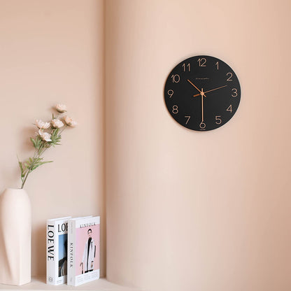 mooas Wooden Frame Flatwood Wall Clock,12" Non-Ticking Sweep Movement Decorative Battery Operated Wall Clock for Home Living Room Kitchen Bedroom Office School (Dark Brown)