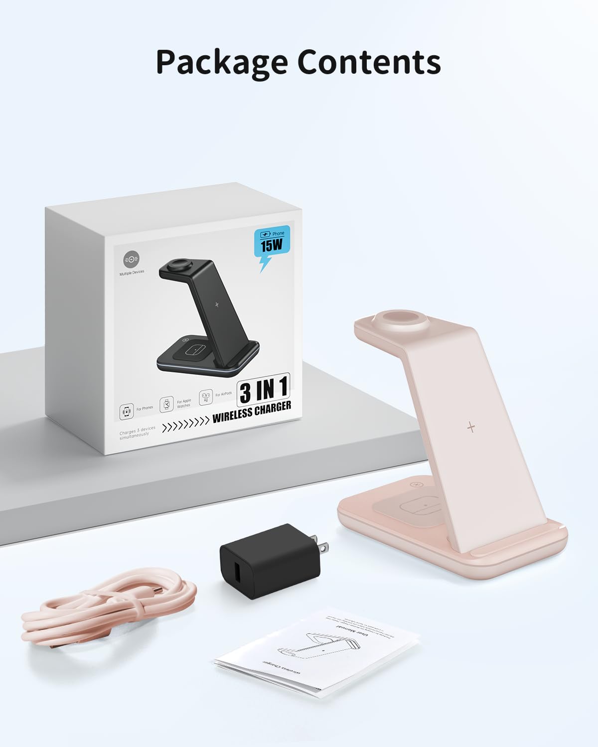 JoyGeek 3 in 1 Charging Station for Apple Devices, Wireless Charger Stand for iPhone 17/16/15/14/13/12/11/SE/X Pro Max Plus - Apple Watch 11/10/9/Ultra 2/8/SE/7/6/5 - AirPods Pro 2/3/2