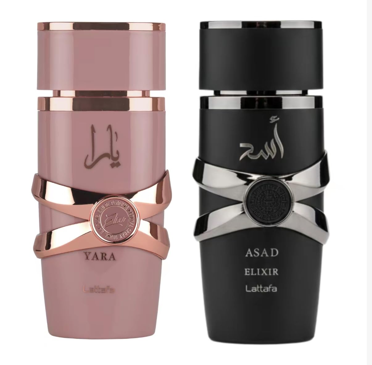 Lattafa Yara Elixir and Asad Elixir, Luxury Middle Eastern Perfume Set, Rose Gold and Black Premium Bottles