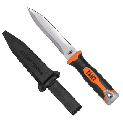 KLEIN TOOLS DK16 Double-Edged Duct Knife, Serrated Stainless Steel Blade, Designed for Duct Board and Insulation, Fixed Blade Knife with Sheath, 5-1/2-Inch