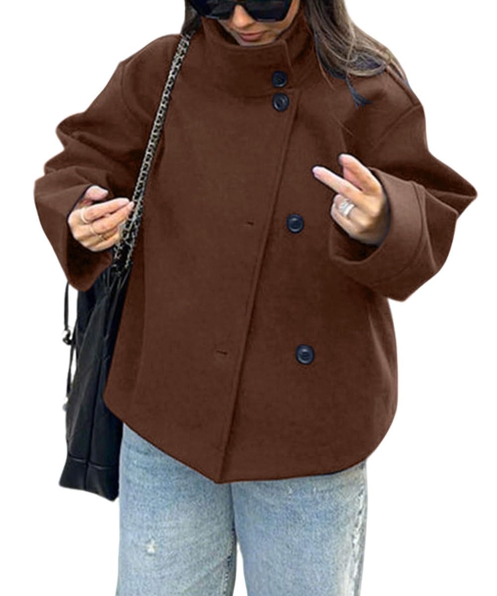 CHARTOU Women Crop Pea Coat Wool Blend Winter Loose Casual Short Jacket Outwear