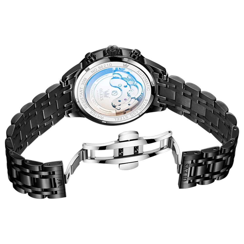 OLEVS Skeleton Men Watches Automatic Business Luxury Diamond Self Winding Watch for Men Stainless Steel Calendar Wrist Watch