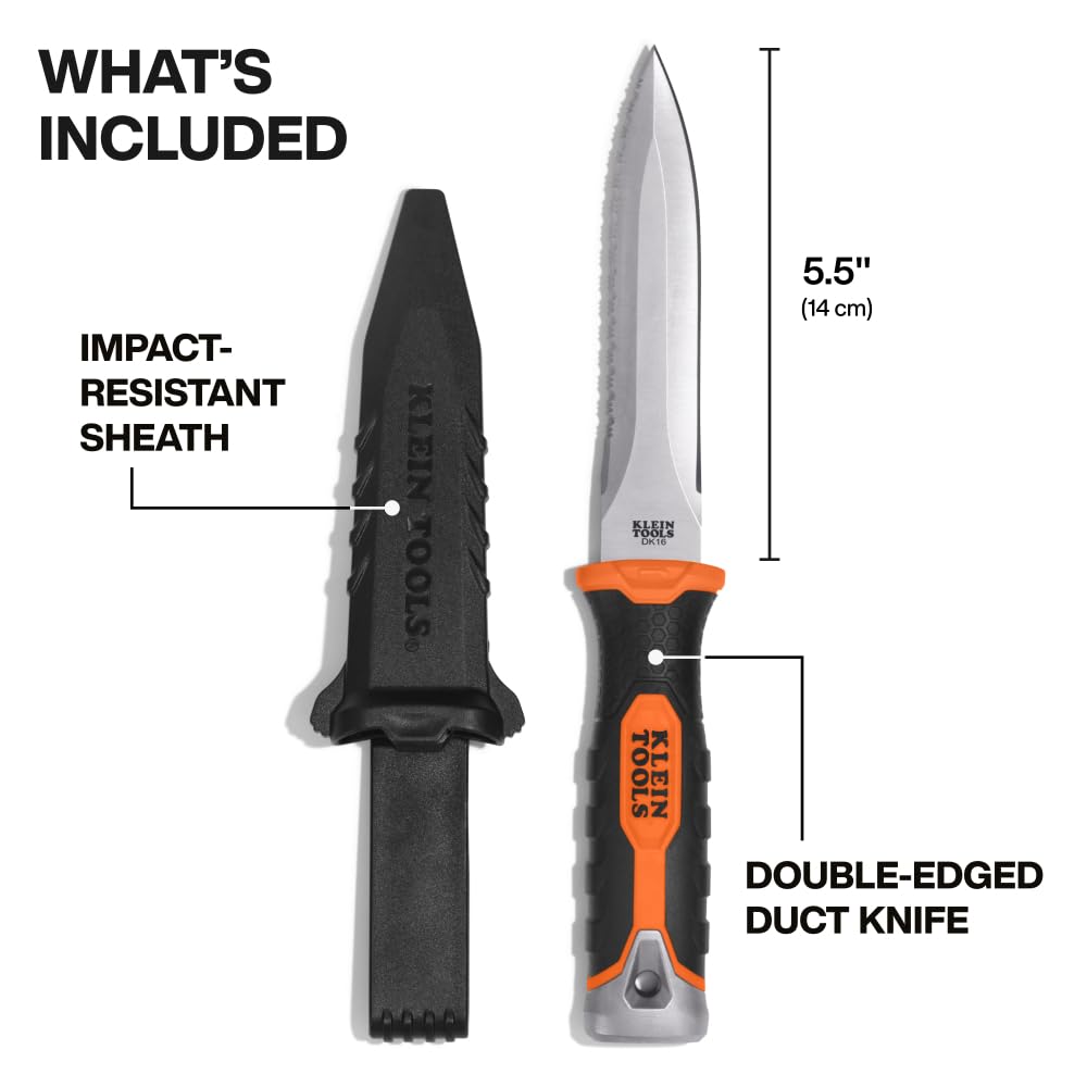 KLEIN TOOLS DK16 Double-Edged Duct Knife, Serrated Stainless Steel Blade, Designed for Duct Board and Insulation, Fixed Blade Knife with Sheath, 5-1/2-Inch