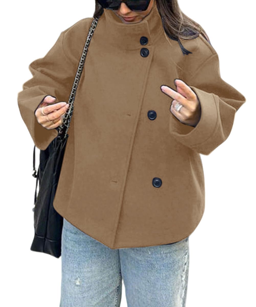 CHARTOU Women Crop Pea Coat Wool Blend Winter Loose Casual Short Jacket Outwear