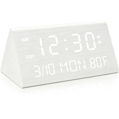 Kogonee Wooden Digital Alarm Clock, 0-100% Dimmer, 2 Alarm Settings, Weekday/Everyday Mode, 9 Mins Snooze, 12/24H, Temperature and Date Display for Office, Travel, Bedroom Alarm Clock (Brown)