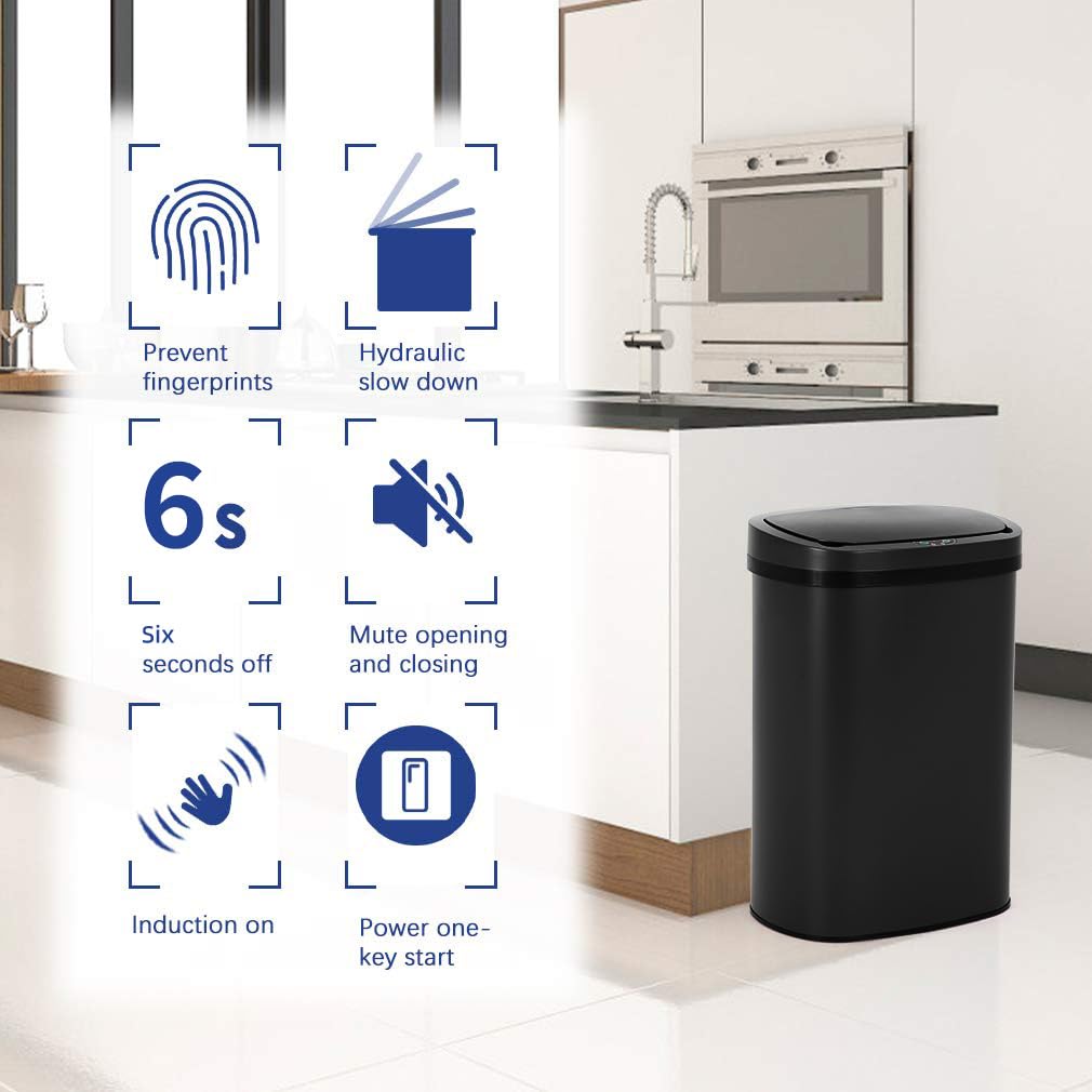 BestOffice | 13 Gallon Trash Can with Lid | Automatic Touchless Garbage Can | Odor Control | Modern Oval Design | Easy to Clean | Stainless Steel | Fits Any Kitchen, Bathroom, Office or Home