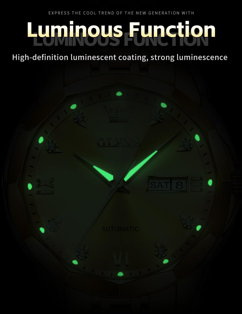 OLEVS Skeleton Men Watches Automatic Business Luxury Diamond Self Winding Watch for Men Stainless Steel Calendar Wrist Watch