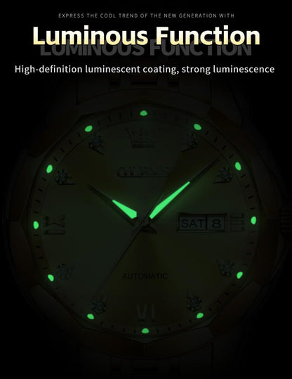 OLEVS Skeleton Men Watches Automatic Business Luxury Diamond Self Winding Watch for Men Stainless Steel Calendar Wrist Watch