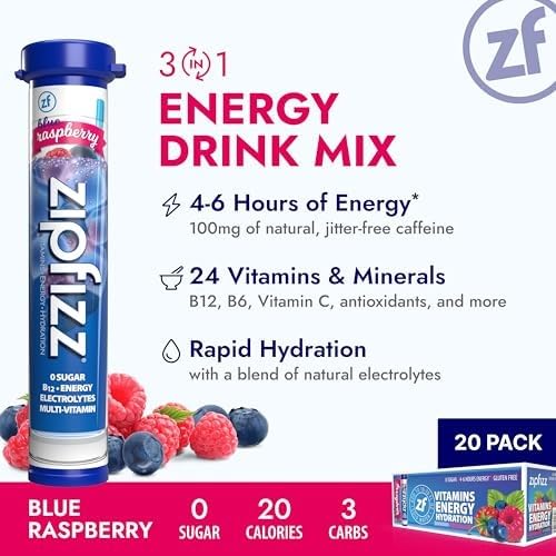Zipfizz Daily Energy Drink Powder, Blood Orange, 20 Pack | 3-in-1 Sustained Energy, Rapid Hydration, and Essential Vitamins | Sugar-Free | Electrolyte Powder | Contains Vitamin B-12 & Antioxidants