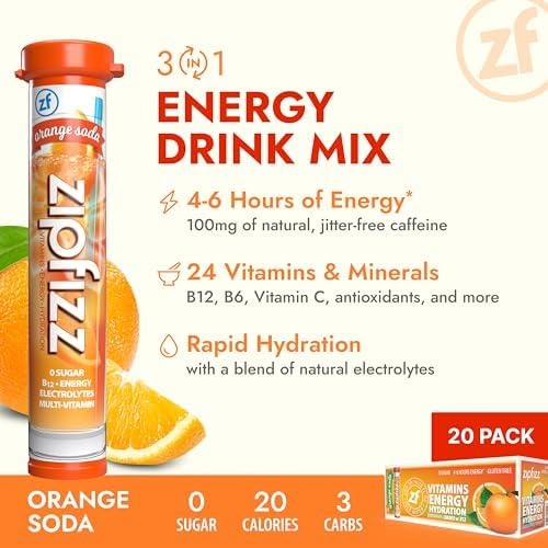 Zipfizz Daily Energy Drink Powder, Blood Orange, 20 Pack | 3-in-1 Sustained Energy, Rapid Hydration, and Essential Vitamins | Sugar-Free | Electrolyte Powder | Contains Vitamin B-12 & Antioxidants