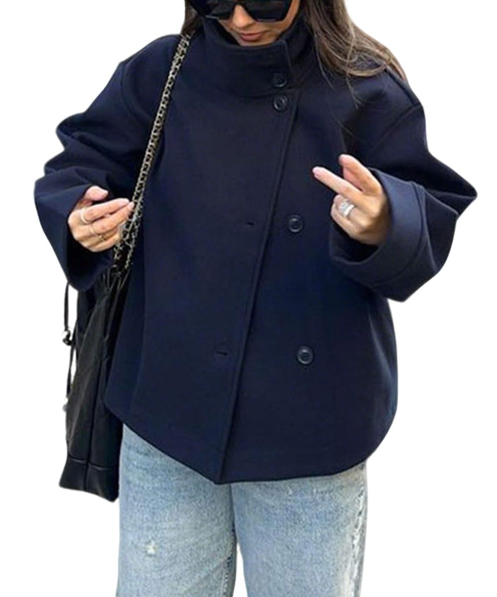 CHARTOU Women Crop Pea Coat Wool Blend Winter Loose Casual Short Jacket Outwear