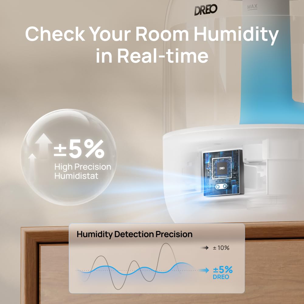 DREO Humidifiers for Bedroom, 3L Top Fill 30H & 26dB Quiet Runtime for Large Room, Cool Mist Ultrasonic Humidifier with Humidity Sensor, Night Light for Home, Baby, Nursery, Plants, 360° Nozzle, Black