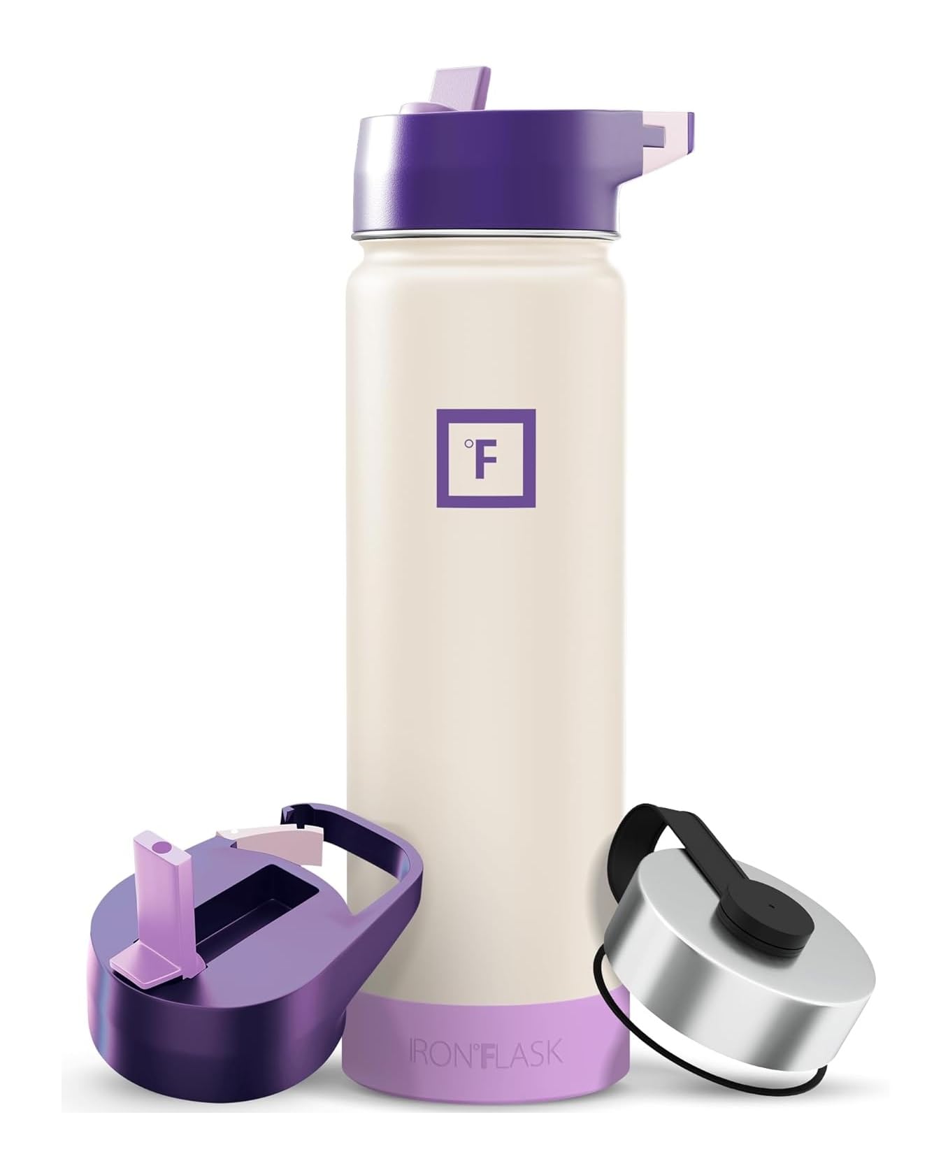 IRON °FLASK Camping & Hiking Hydration Flask with Straw, Wide Mouth Insulated Stainless Steel Sports Water Bottle - Midnight Black 24 oz - Straw (1 Lid)