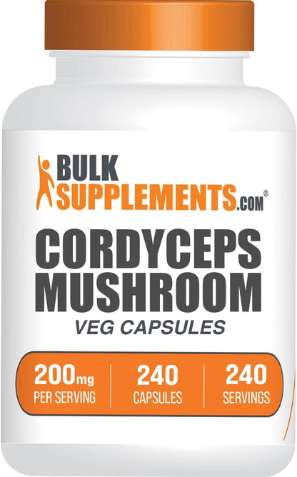 BulkSupplements.com Cordyceps Mushroom Capsules - Cordyceps Extract, Cordyceps Sinensis - Gluten Free, 1 Capsule per Serving (200mg), 240 Veg Capsules (Pack of 1)