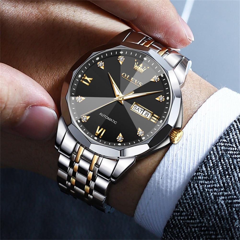 OLEVS Skeleton Men Watches Automatic Business Luxury Diamond Self Winding Watch for Men Stainless Steel Calendar Wrist Watch
