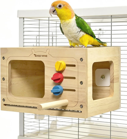 Solid Wood Parrot Hideaway, with Pull-Out Stainless Steel Grate | Glue-Free Retro TV-Shaped Bird House for Beak Play Cage Accessory for Small to Medium Parrots, Chew Toy & Resting House